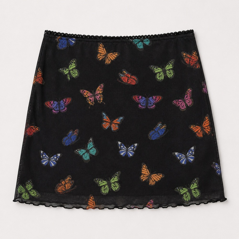 Vtg Y2K Mood Grunge Butterfly Print Mesh Mini Skirt Black Laceβ L Whimsigoth